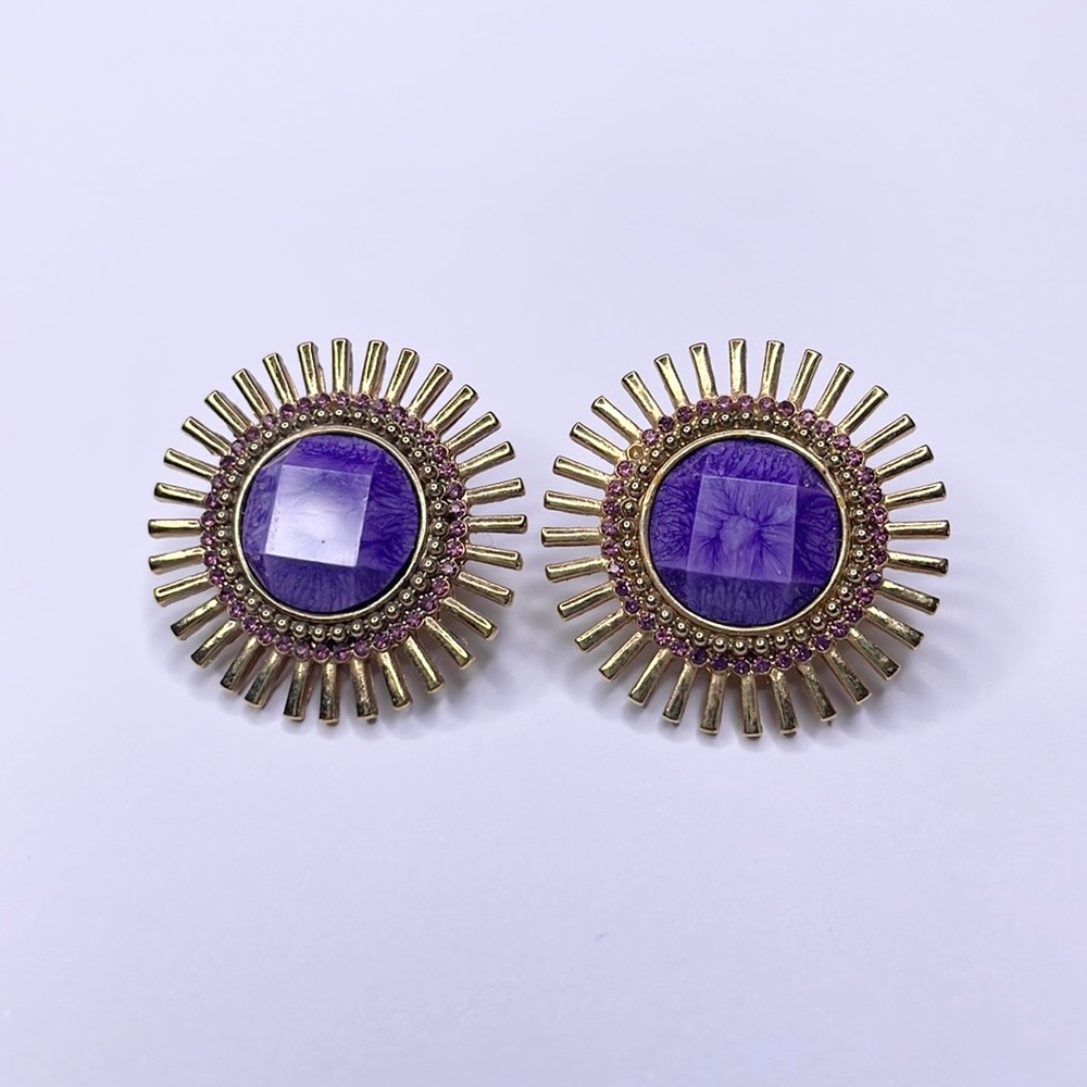 Purple Resin and Pink Rhinestone Gold Tone Sun Burst Clasp Back Stud Earrings